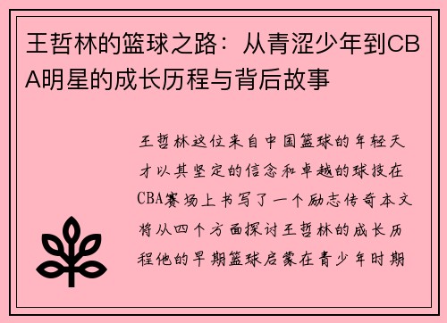 王哲林的篮球之路：从青涩少年到CBA明星的成长历程与背后故事